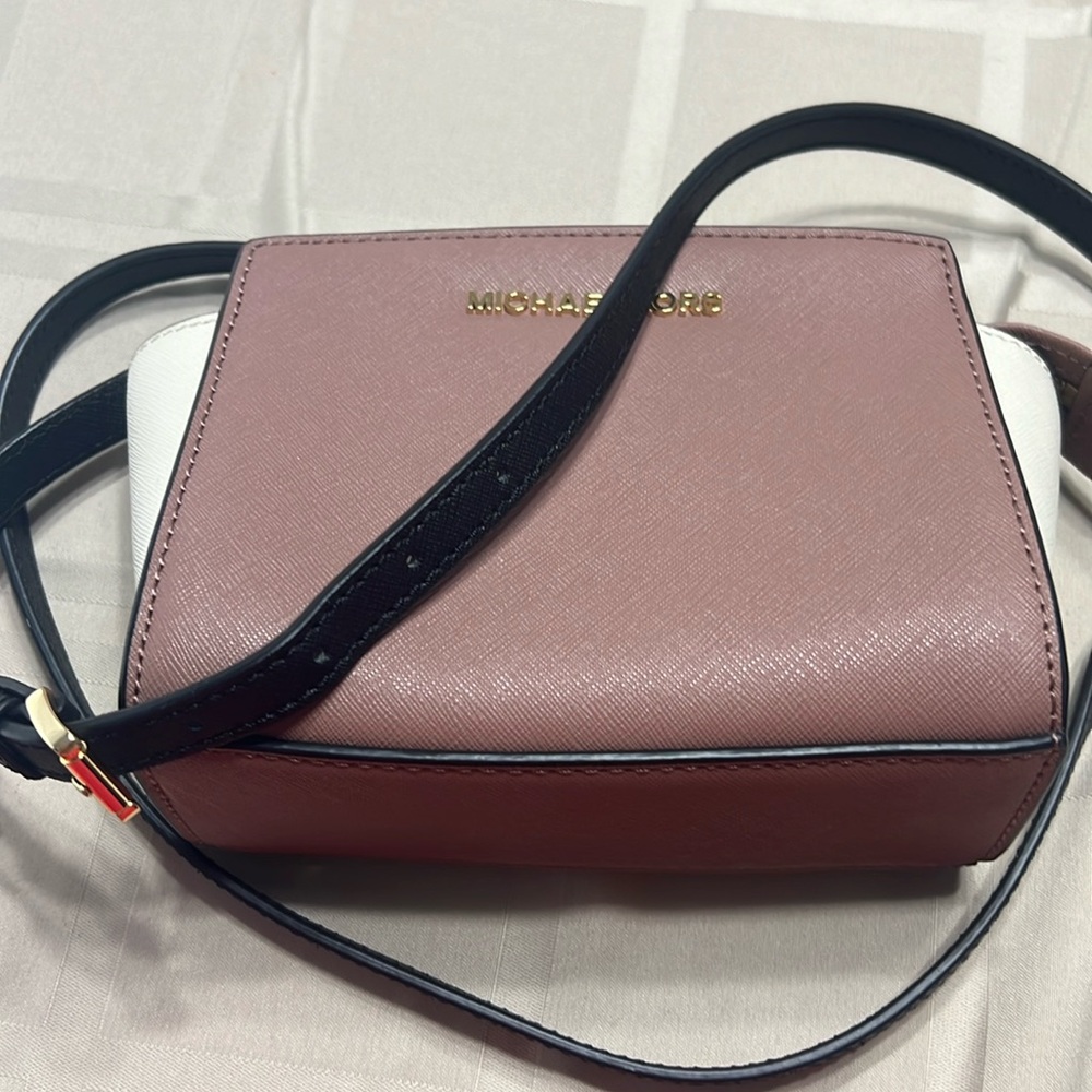 Dark Tan/cream Michael Kors Mini crossbody black strap gold trim